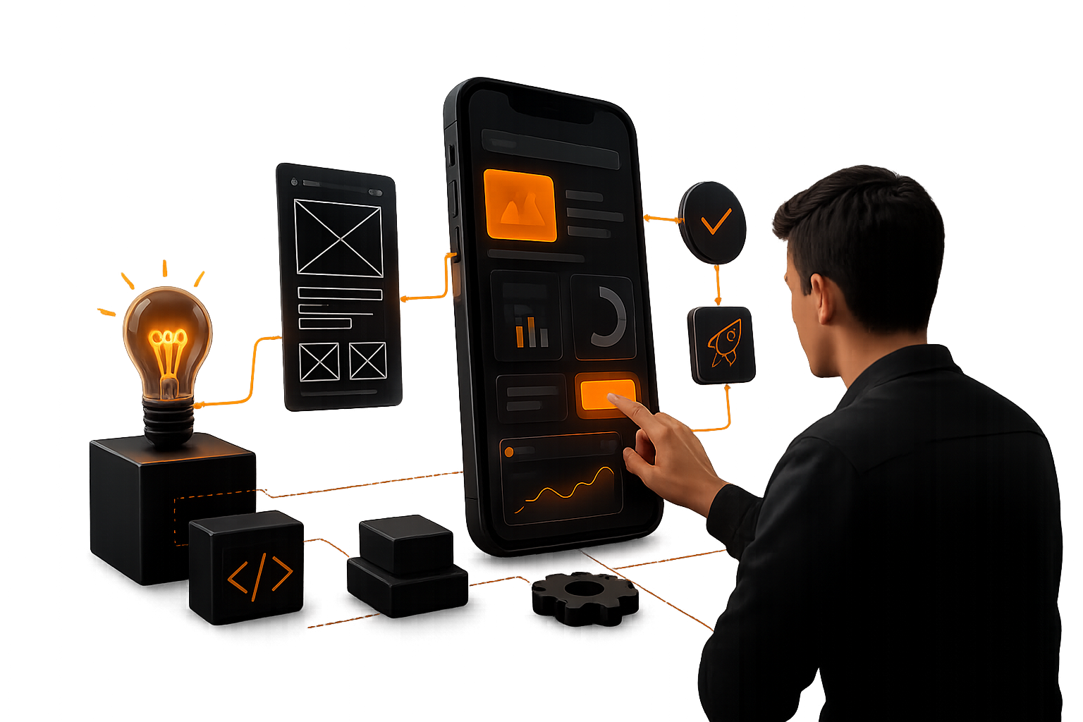 Ilustração de produto digital sendo construído, com telas, lâmpada e elementos de tecnologia